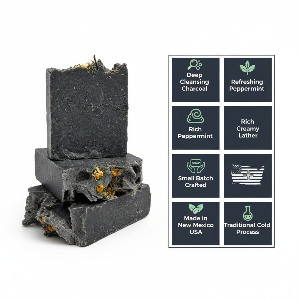 Onyx Mint soap benefits infographic - deep cleansing charcoal, refreshing peppermint