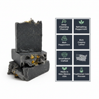 Onyx Mint soap benefits infographic - deep cleansing charcoal, refreshing peppermint