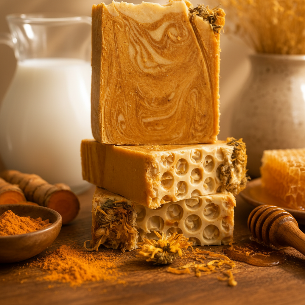 Golden Meadow soap close-up macro showing honeycomb texture and golden turmeric swirl