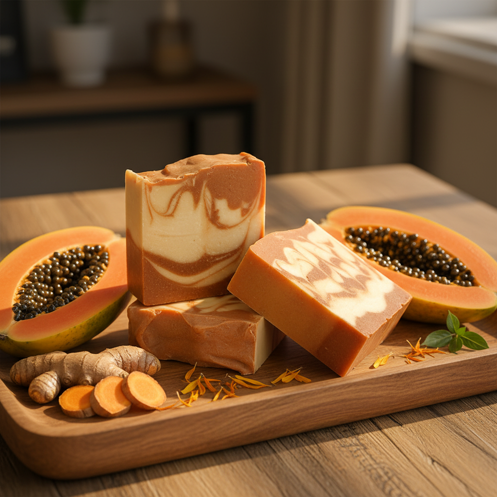 Aurea soap bars in wooden tray with papaya turmeric and marigold gift presentation