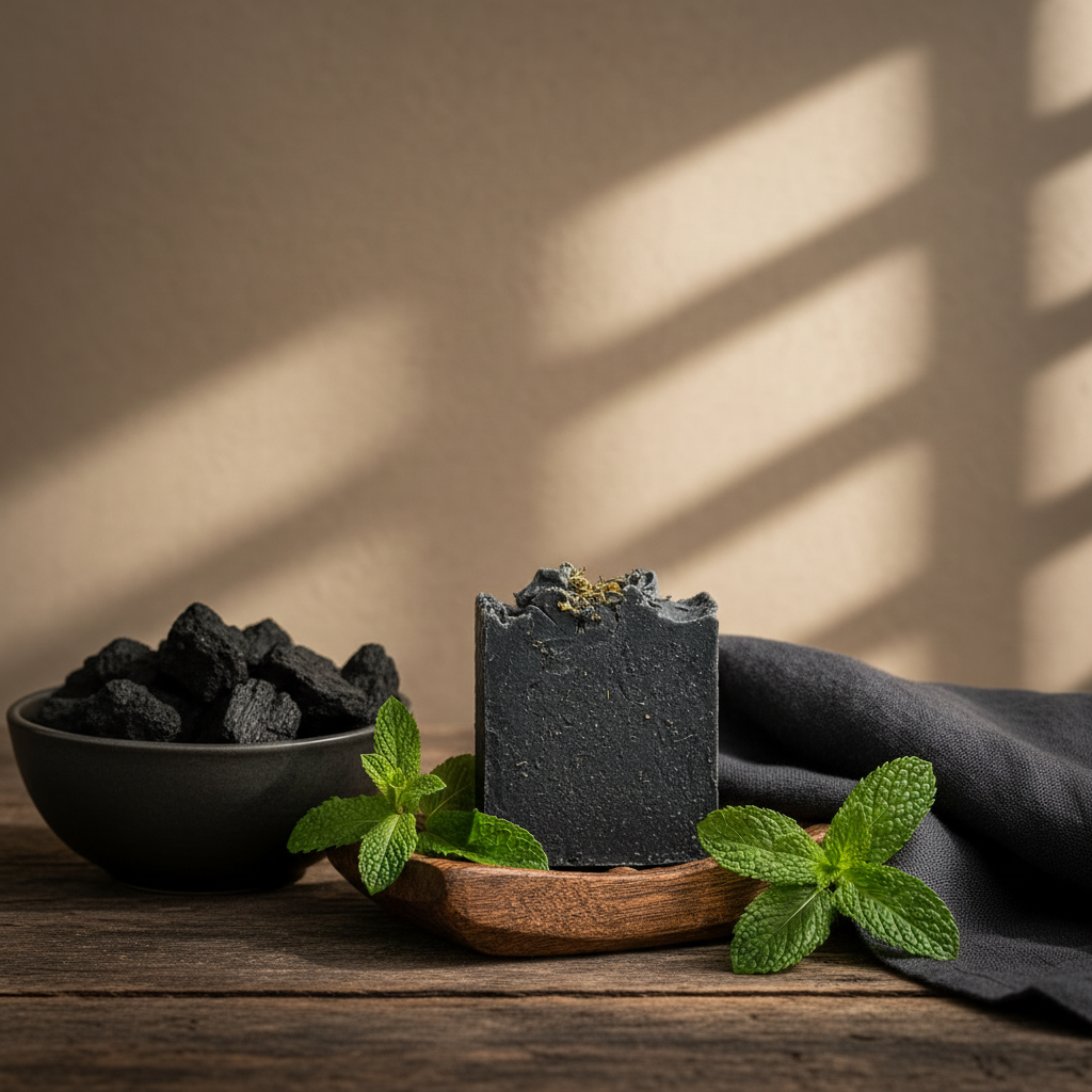 Onyx Mint soap on rustic wooden soap dish with charcoal and mint sprigs