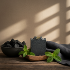 Onyx Mint soap on rustic wooden soap dish with charcoal and mint sprigs