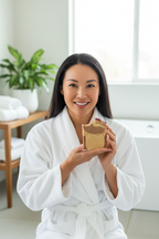 Asian woman in white bathrobe holding Roselle botanical artisan soap bar, smiling in bright bathroom