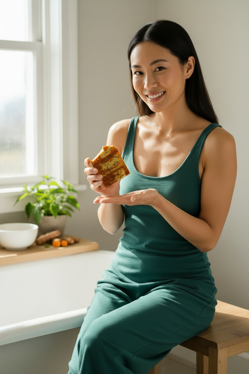 Asian woman genuine self-care moment with Verdelle soap and lather