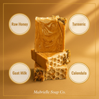 Golden Meadow ingredient infographic - Raw Honey, Turmeric, Goat Milk, Calendula - Mabrielle Soap Co.