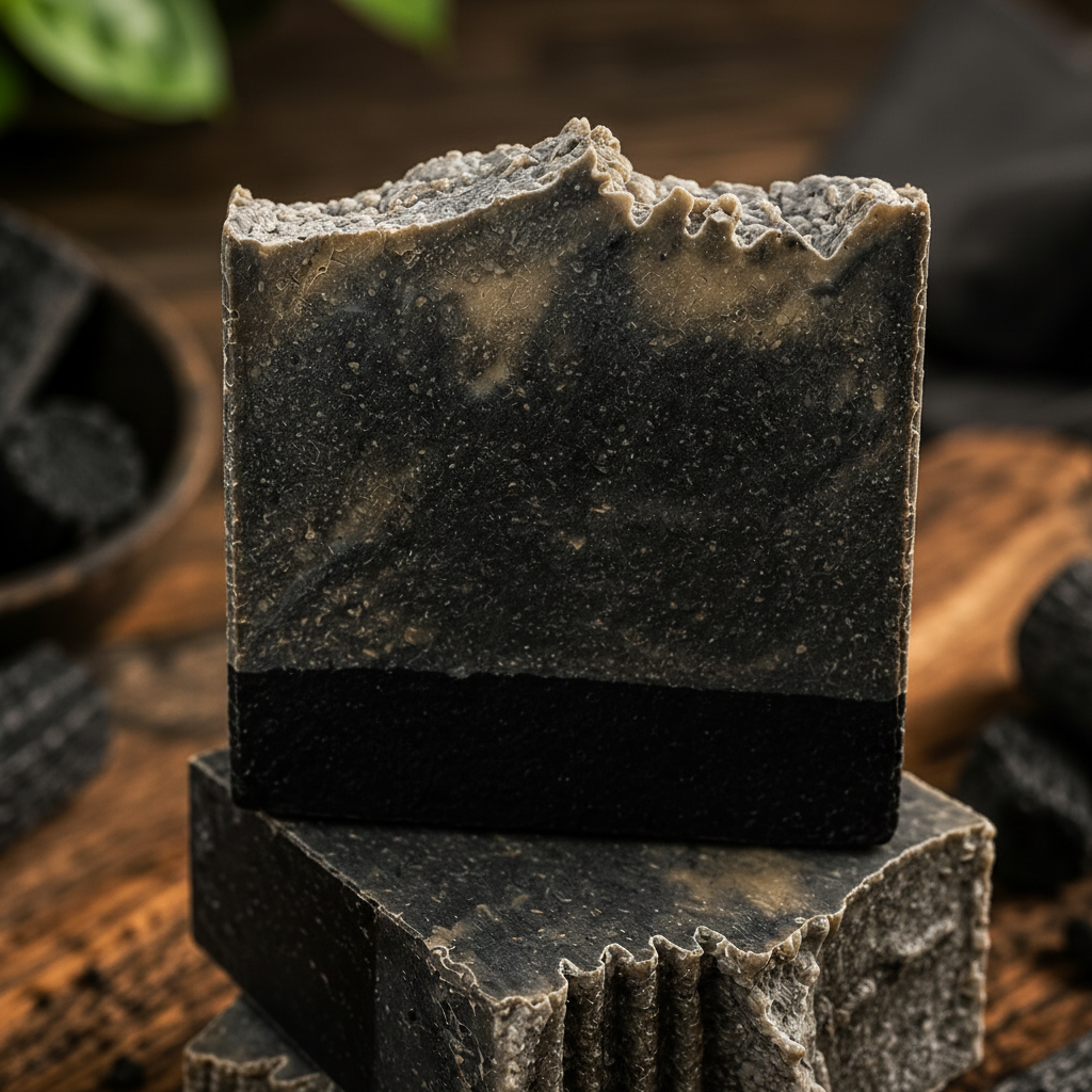 Midnight Timber soap close-up macro showing dramatic black and grey charcoal texture