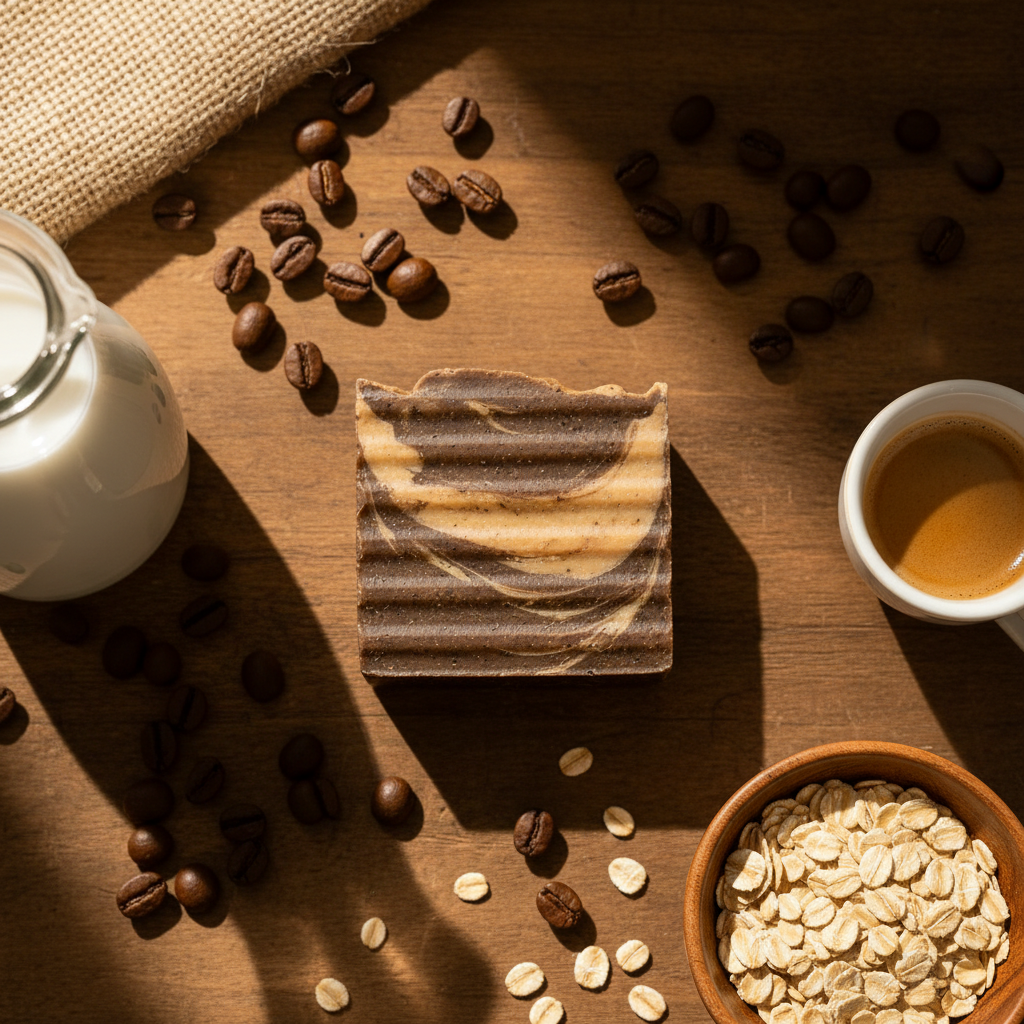 Morning Roast soap overhead flat lay with coffee beans oats and goat milk jug