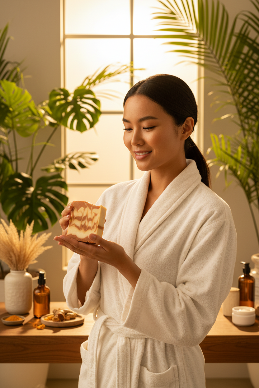 Asian woman in cream spa robe holding Aurea golden turmeric soap