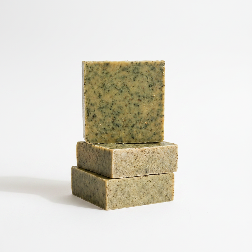 Three Emerald Oat soap bars on white background studio shot