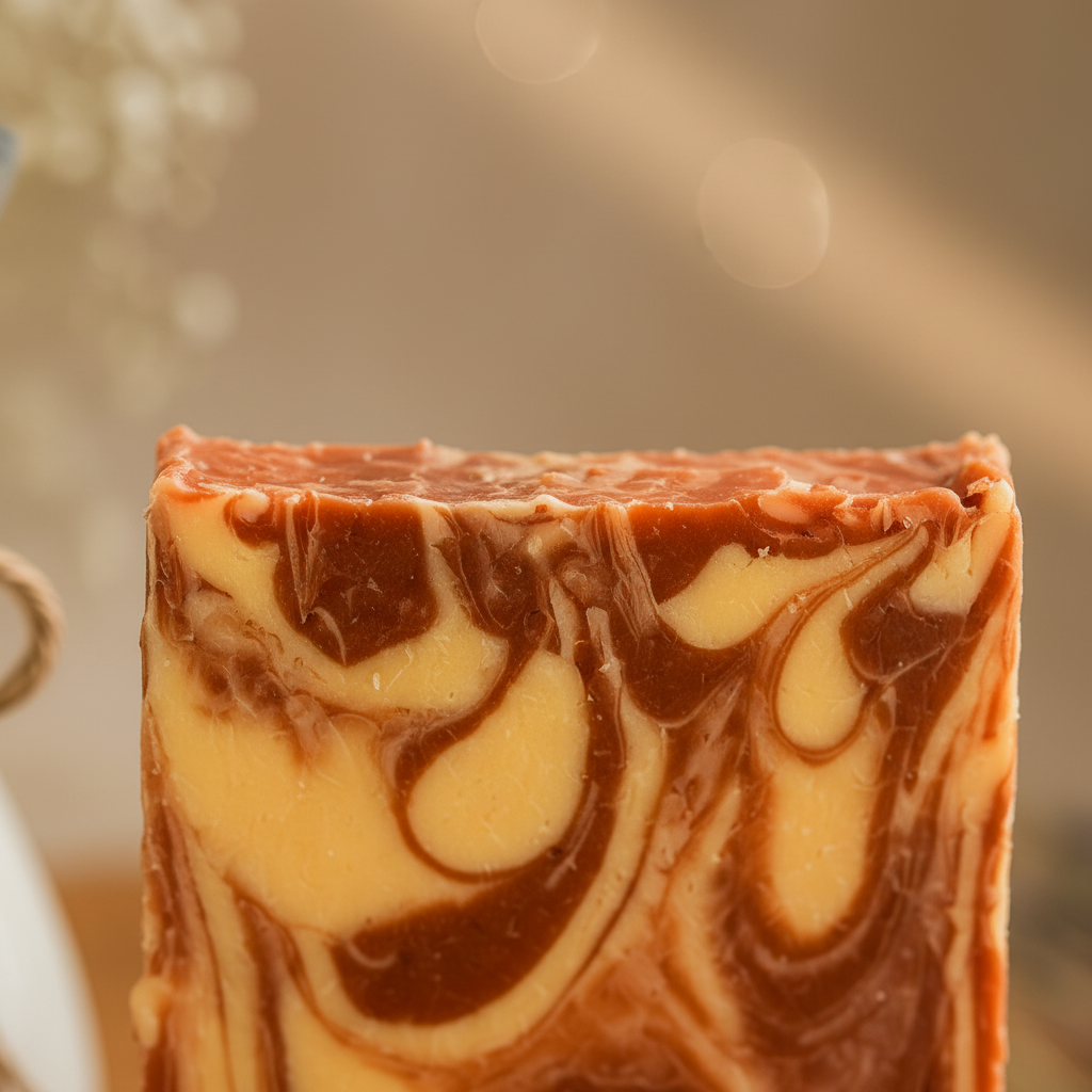Velvet Mist soap close-up macro showing terracotta and cream swirl texture