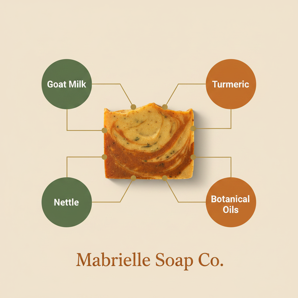 Verdelle ingredient infographic - Goat Milk, Turmeric, Nettle, Botanical Oils - Mabrielle Soap Co.