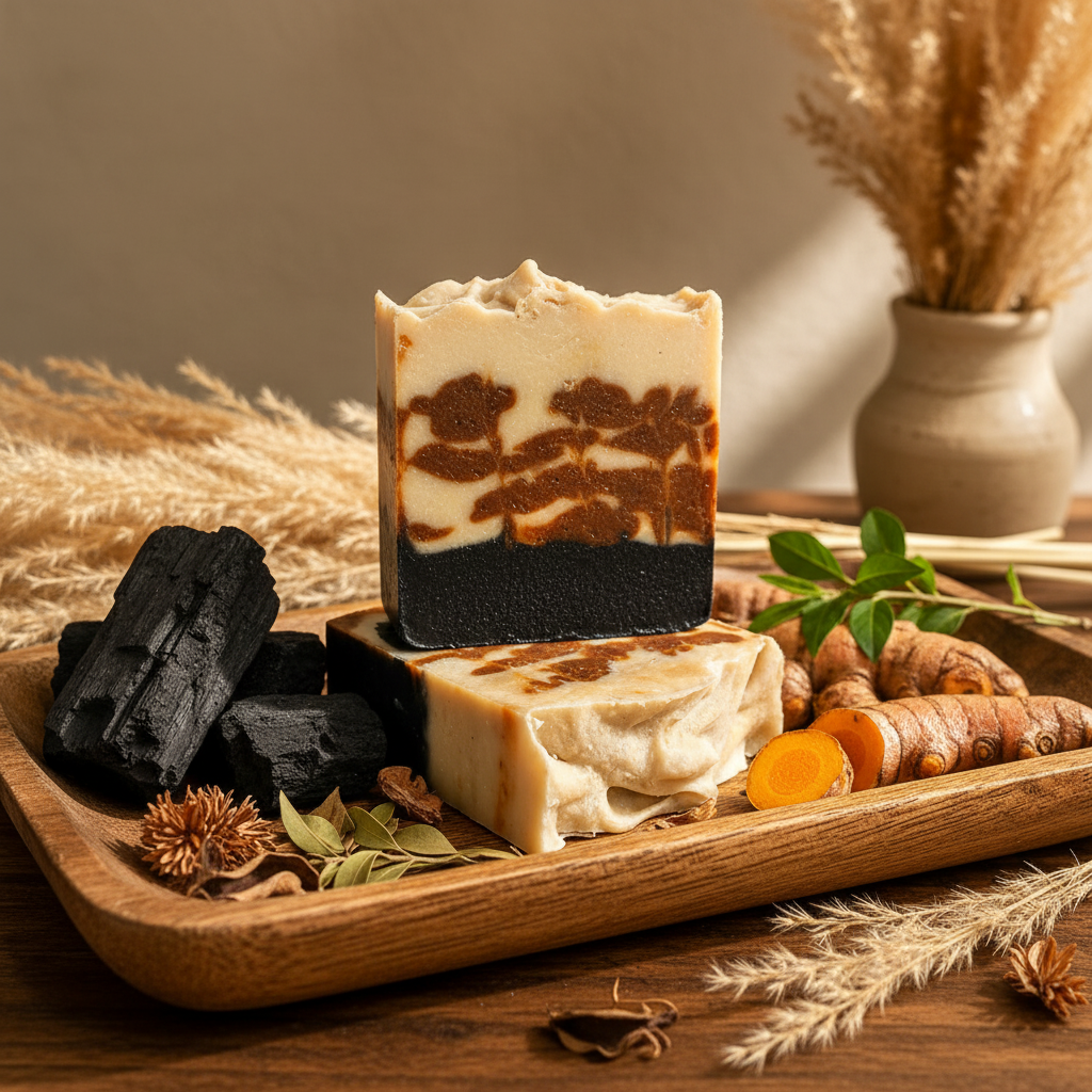 Ember Ash soap bars in rustic wooden tray with turmeric and botanicals