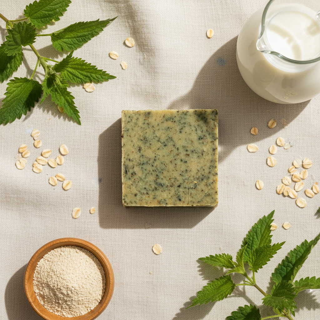 Emerald Oat soap overhead flat lay with oats nettle and goat milk jug