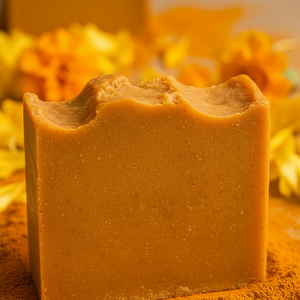 Sinag soap close-up macro showing vibrant golden turmeric texture