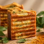 Verdelle soap close-up macro showing orange turmeric and green nettle texture