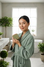 Asian woman in sage green spa robe holding Emerald Oat nettle soap