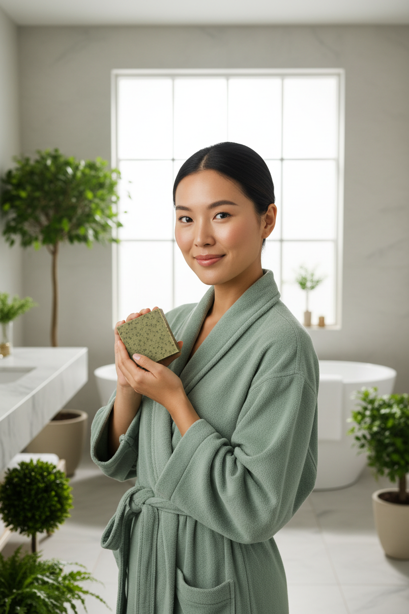 Asian woman in sage green spa robe holding Emerald Oat nettle soap