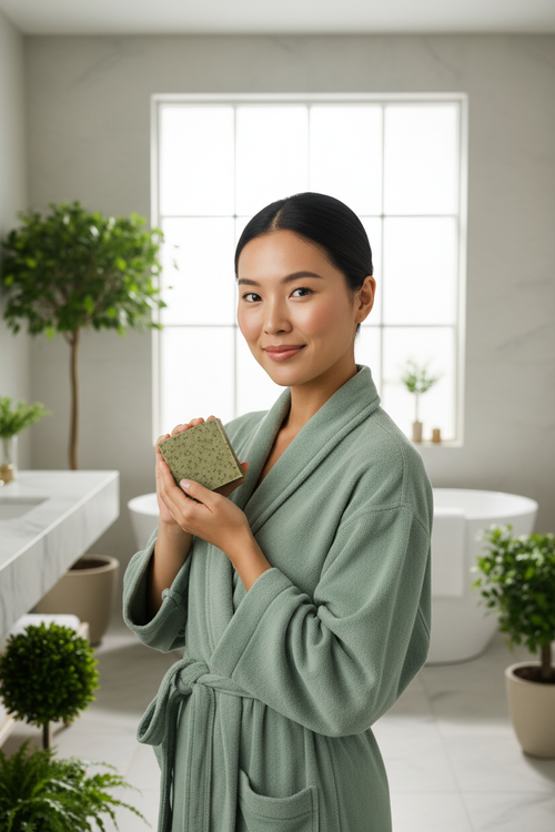 Asian woman in sage green spa robe holding Emerald Oat nettle soap