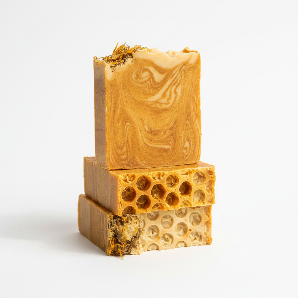 Three Golden Meadow honey turmeric soap bars on white background studio shot