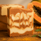 Aurea soap close-up macro showing golden turmeric and cream swirl texture
