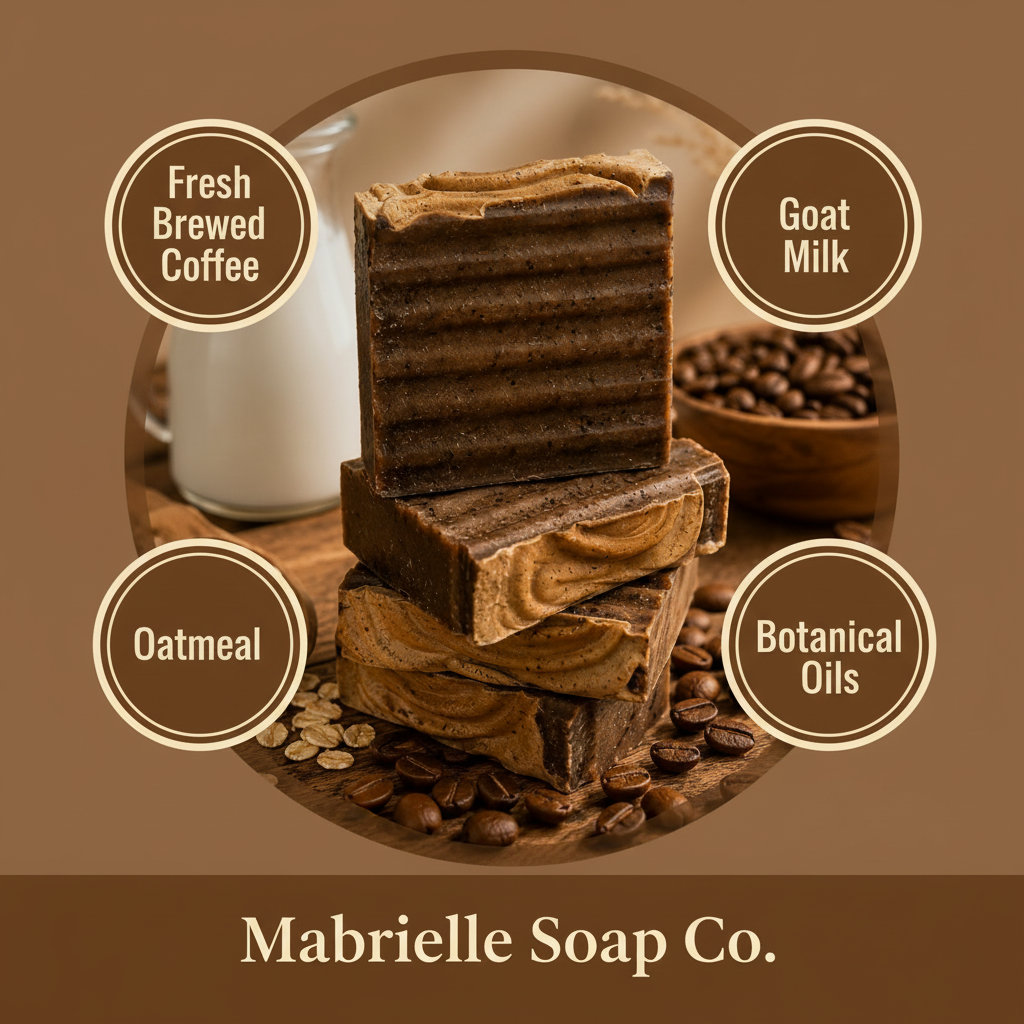 Morning Roast ingredient infographic - Fresh Brewed Coffee, Goat Milk, Oatmeal, Botanical Oils - Mabrielle Soap Co.