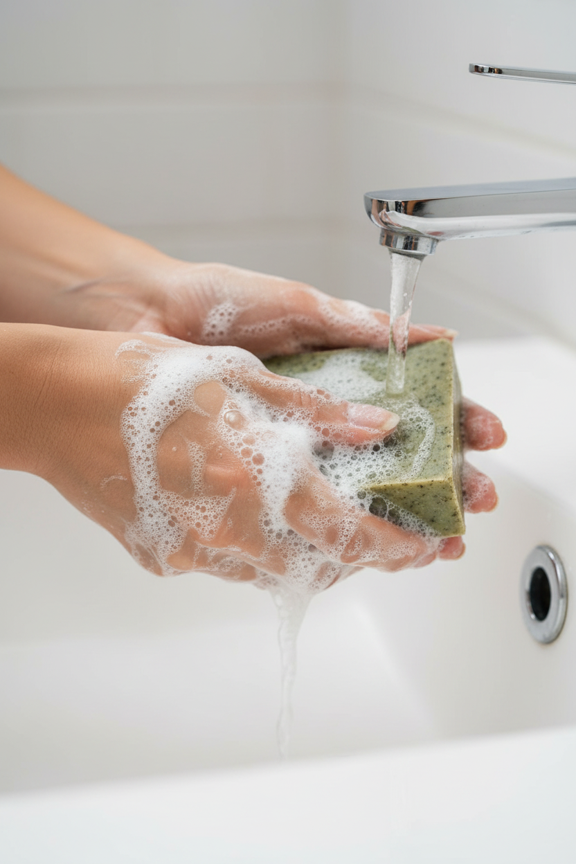 Close-up Asian woman hands creating creamy lather with Emerald Oat soap