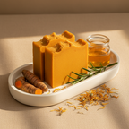 Sinag soap bars in white ceramic tray with turmeric root marigold petals gift presentation