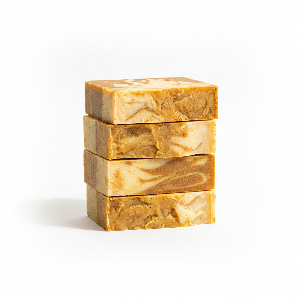 Mabrielle Sinag Pure Turmeric and Goat Milk Artisan Soap bars stacked on white background studio shot