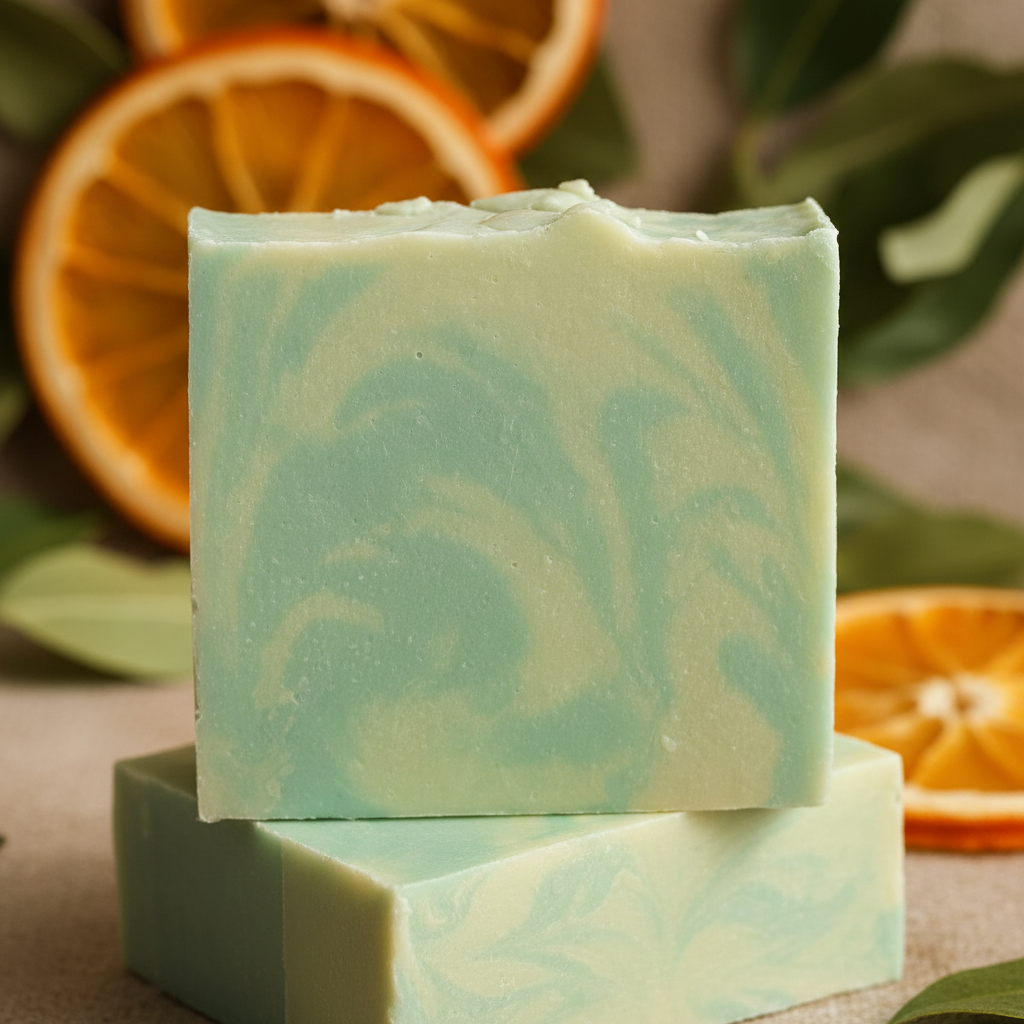 Willow Mist soap close-up macro showing sage green and white swirl texture