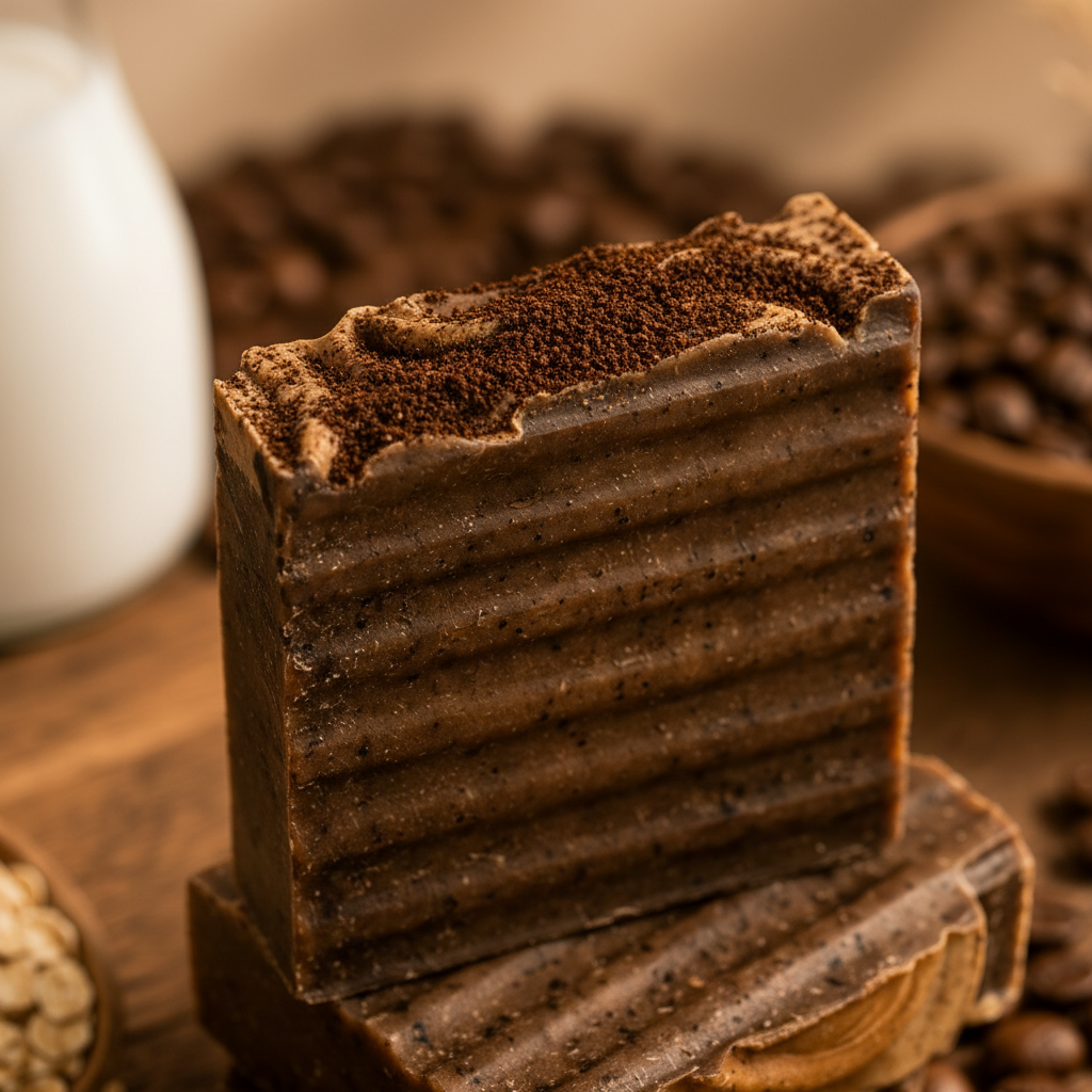 Morning Roast soap close-up macro showing dark coffee ridged texture and cream swirl