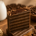 Morning Roast soap close-up macro showing dark coffee ridged texture and cream swirl