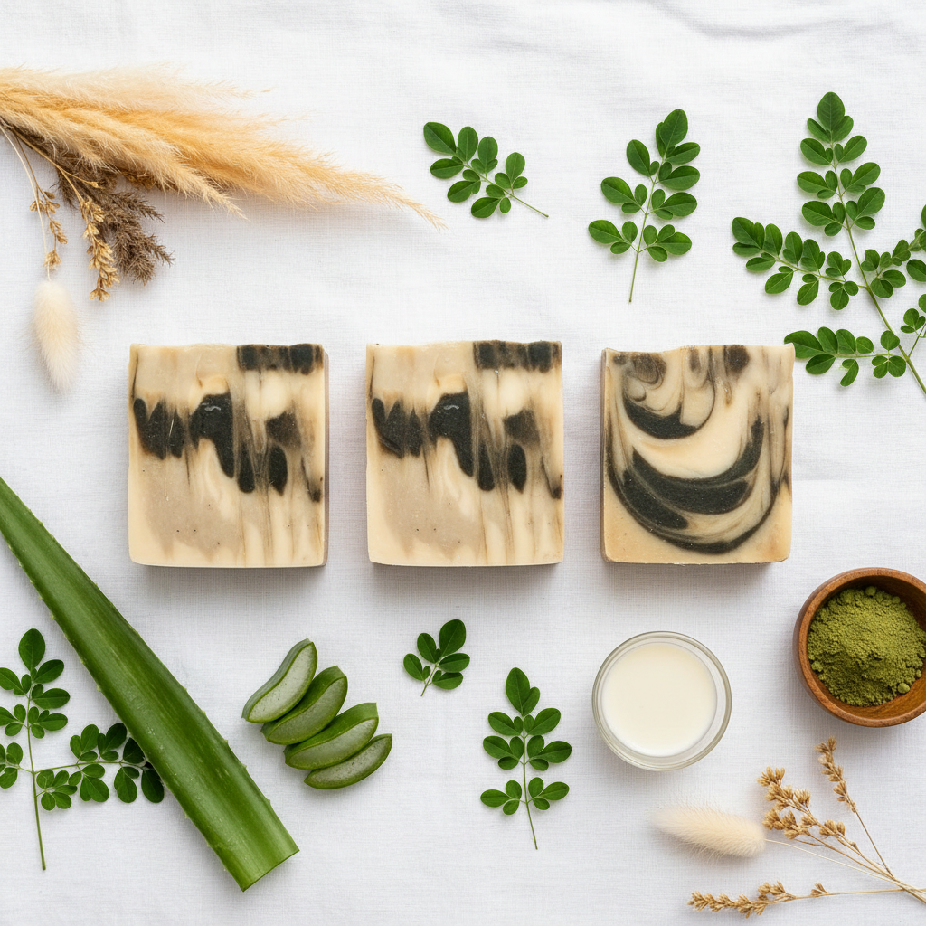 Overhead flat lay of Mabrielle Moringa Grove Goat Milk Soap with aloe vera, moringa leaves, goat milk and botanicals on white linen