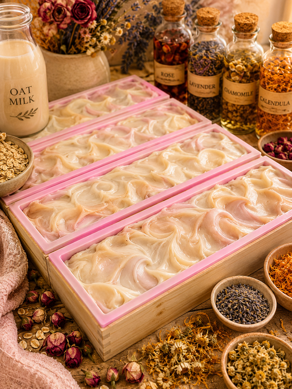 Mabrielle Aloura Botanical Feminine Care Bar soap loaves with oat milk, rose, lavender, chamomile and calendula botanical ingredients