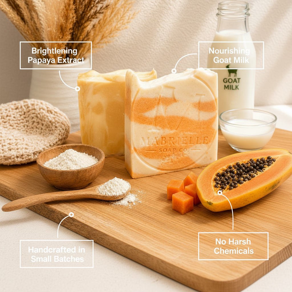 Mabrielle Soap Co. Papaya Goat Milk Soap benefits: brightening papaya, nourishing goat milk, handcrafted, no harsh chemicals