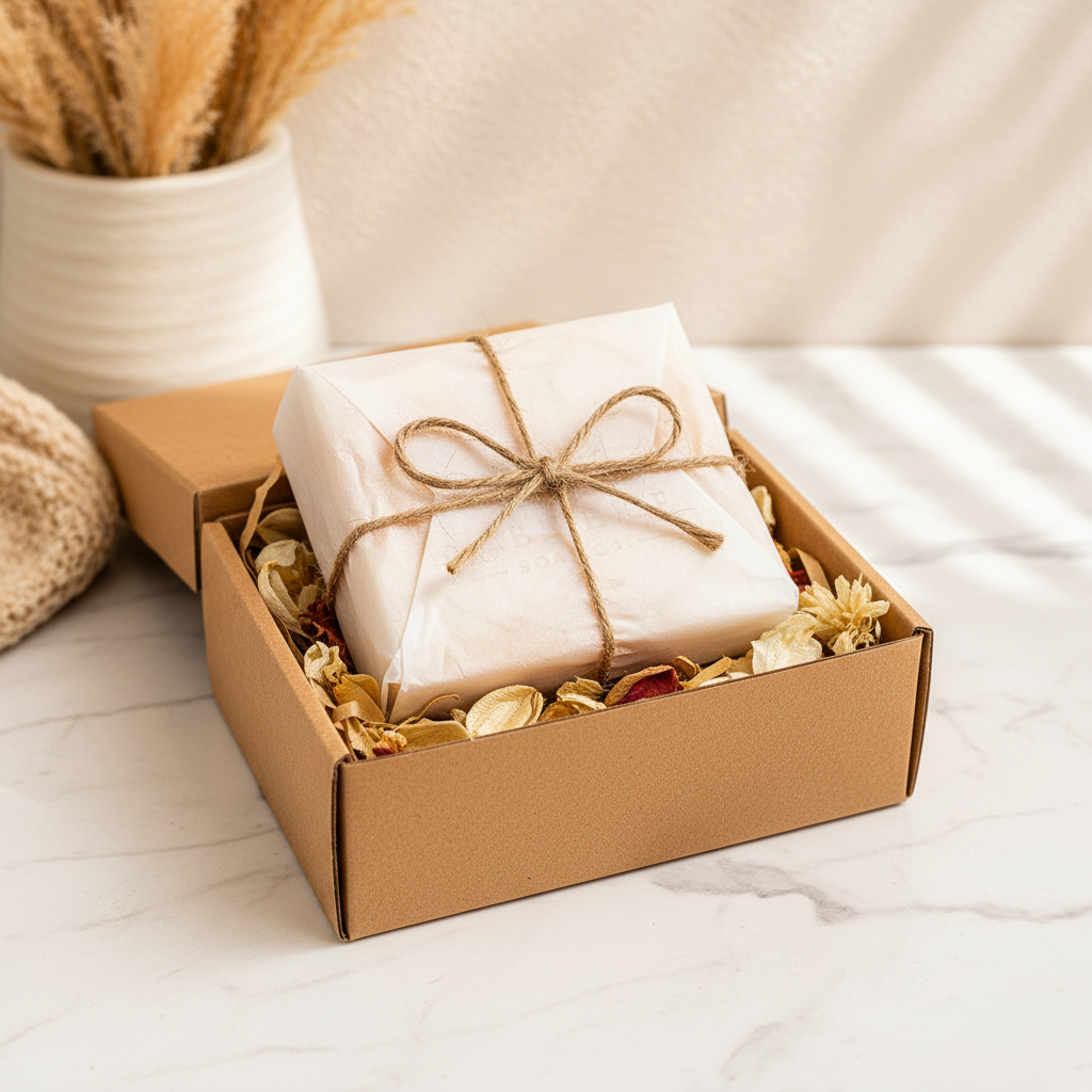 Mabrielle Soap Co. Papaya Goat Milk Soap wrapped in tissue paper with twine bow in kraft gift box