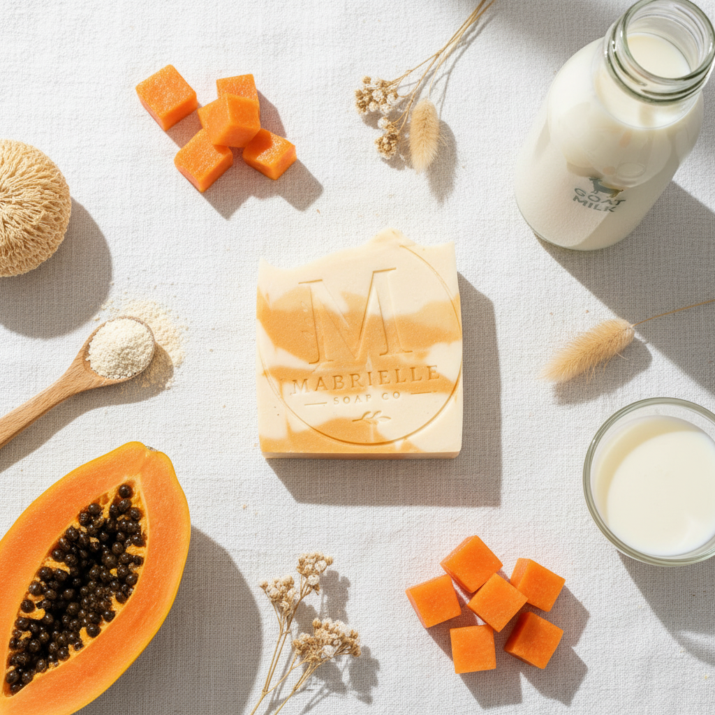 Mabrielle Papaya Goat Milk Soap surrounded by fresh papaya, goat milk, and botanicals overhead flat lay