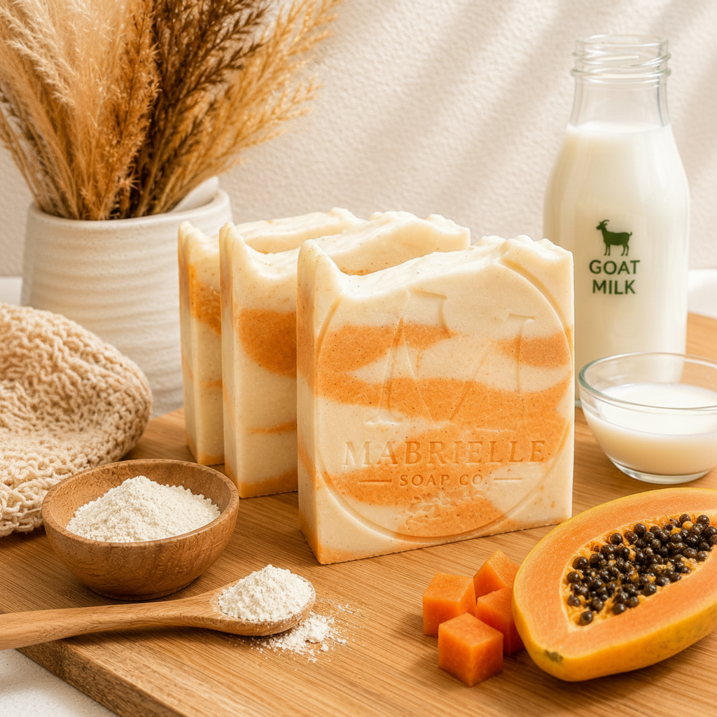 Mabrielle Soap Co. Papaya Goat Milk Soap bars styled with fresh papaya and goat milk bottle on bamboo surface