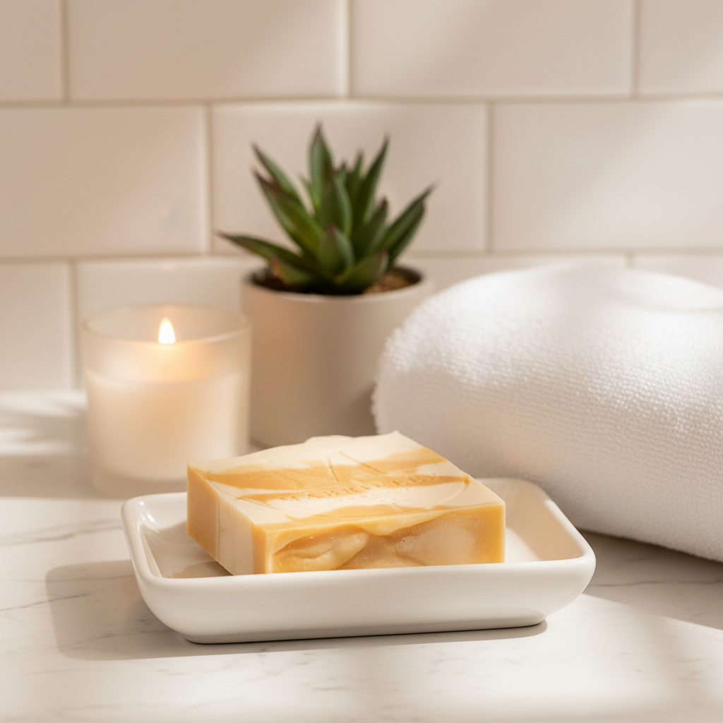 Mabrielle Soap Co. Papaya Goat Milk Soap bar on ceramic dish with white towel and candle in spa setting