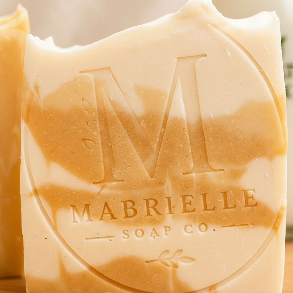 Close-up of Mabrielle Soap Co. embossed logo and cream orange swirl texture on handmade soap bar