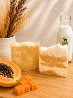 Mabrielle Soap Co. Mayumi Papaya Goat Milk Soap bars showing front and back with fresh papaya and goat milk — small batch artisan soap handmade in New Mexico