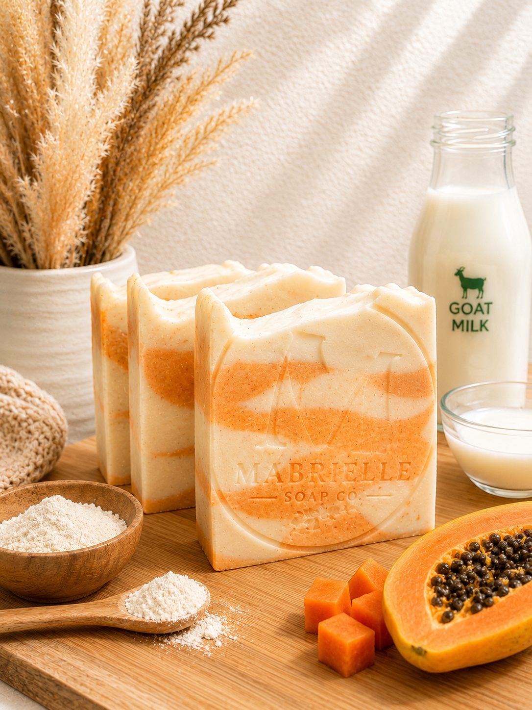 Mabrielle Soap Co. Mayumi Papaya Goat Milk Soap bars stacked on wood board with fresh papaya, papaya powder, and goat milk — handcrafted cold process soap made in New Mexico