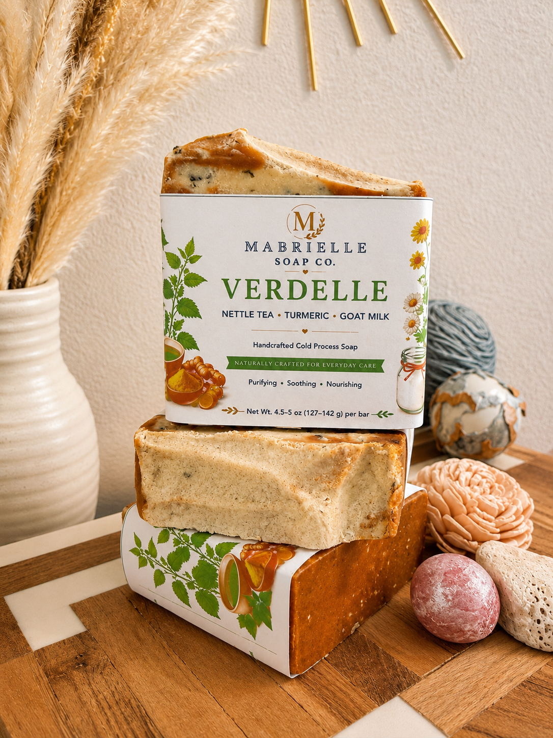 3 Bars Verdelle Handcrafted Goat Milk Soap | Nettle Tea & Turmeric
